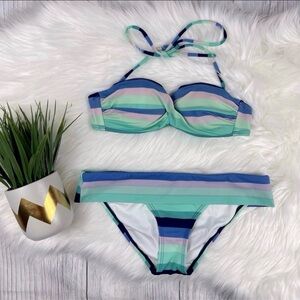 Victoria's Secret Pastel Striped Bikini 32B Top S Bottom Bandeau Swim Set